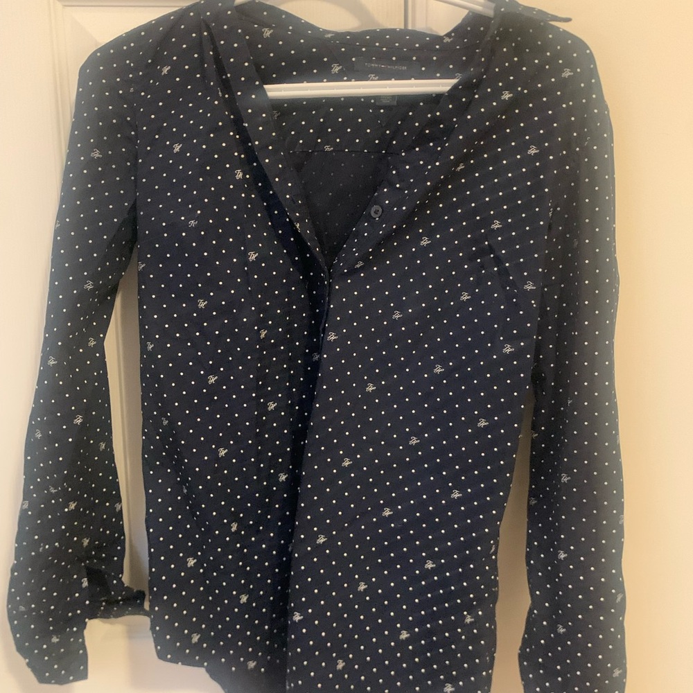 Navy Whimsical Polka Dot Button-Up Blouse by Tommy Hilfiger XS